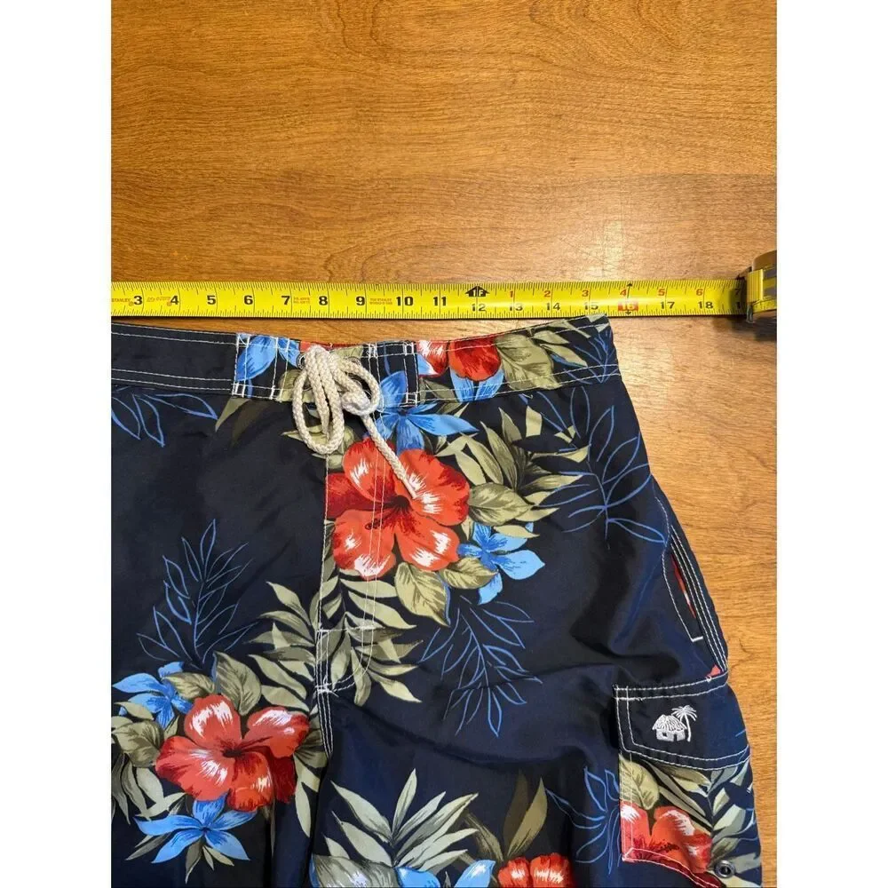 Caribbean Joe Men's Hawaiian Tropical Swim Board Shorts Dark Blue Size Medium